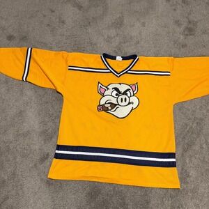 Athletic Knit Mens XXLT Gold Hockey Jersey Number 3 Pig Cigar‎ Logo